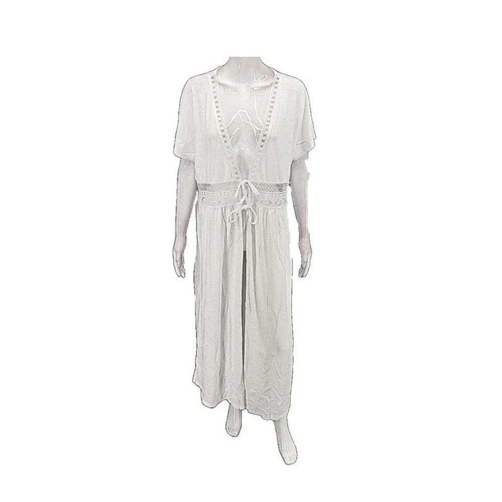 Belle Beach by Kim Gravel  Knit Tie Front Cover Up White XL/1X Bikini/Swim/Beach